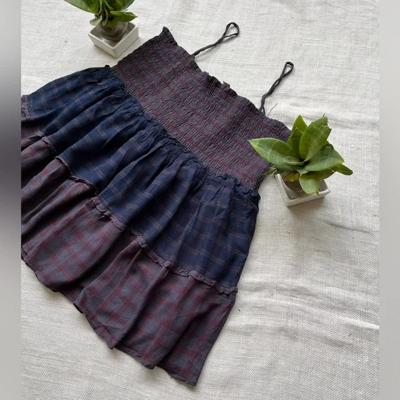 SOLD ❌ Brown and Blue Checked Smocked Top with noodle straps from LOFT - Picture 4 of 5